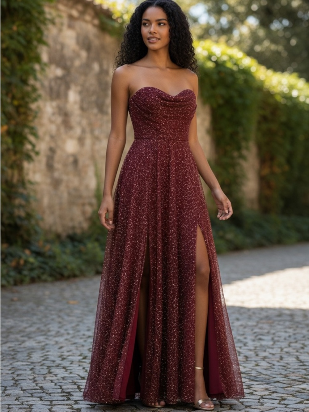 B. Darlin High& Low Strapless Burgundy Glitter Prom Dress Size 3/…